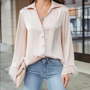 VICI satin blush shirt with feathers